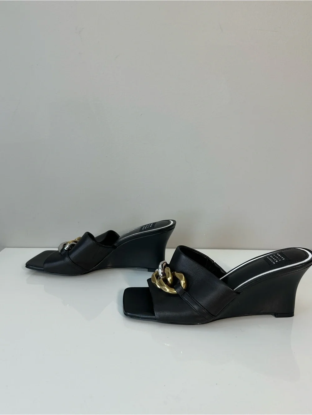 WHBM Black Wedges with Chain Accents Size 7.5 Square Toe Contemporary